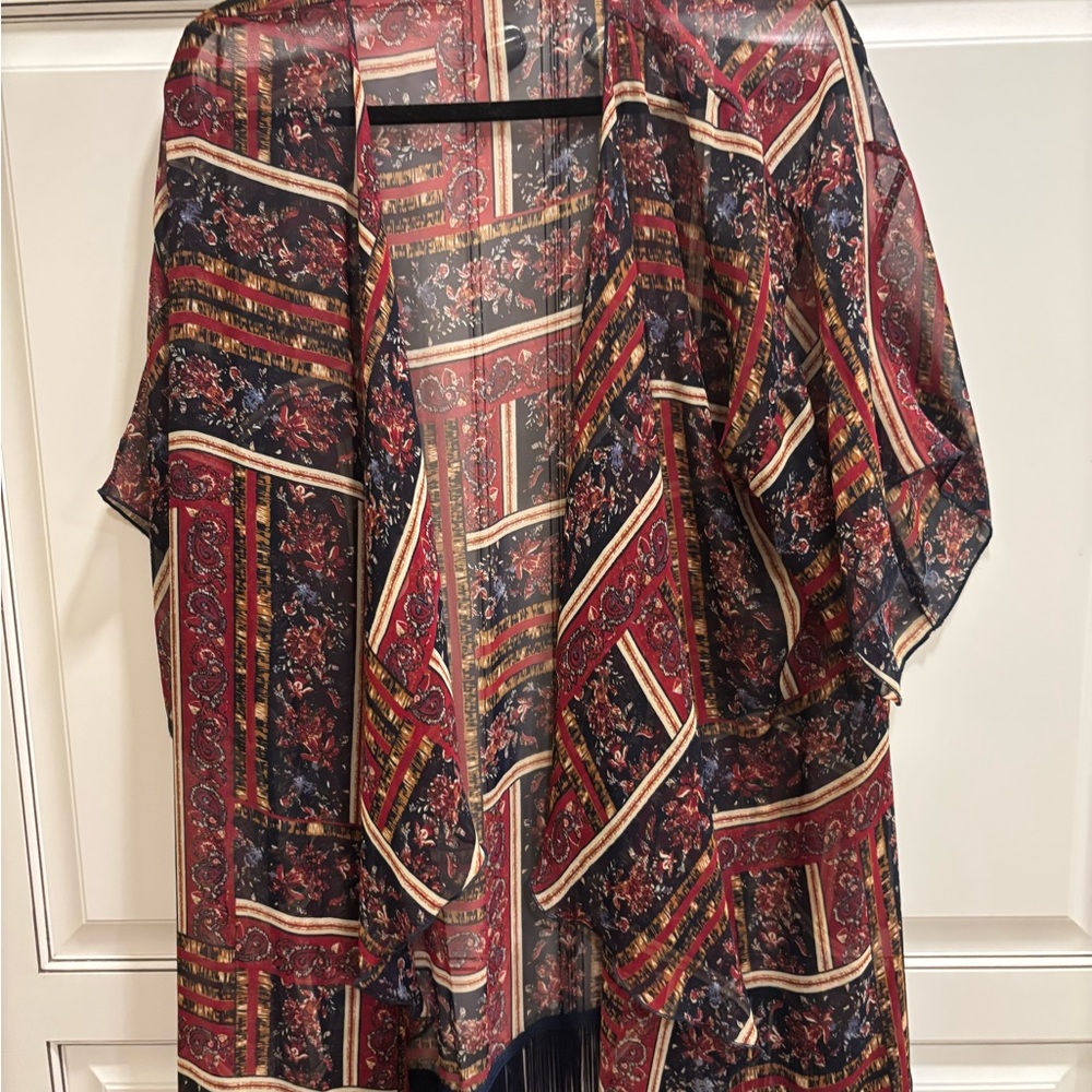 LuLaRoe Sheer Floral Patchwork Kimono in Red, Navy, Gold